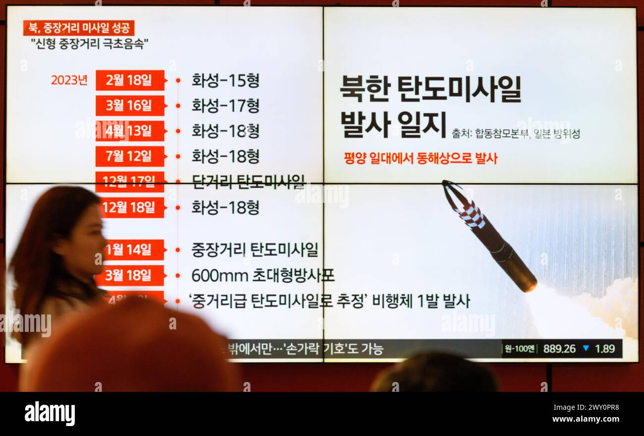 South Korea's 24-hour YTN shows North Korea ballistic missile launched story on a TV at Gangnam Express Bus Terminal in Seoul. North Korea said on April 3 that it successfully test-fired a new type of intermediate-range solid-fueled ballistic missile equipped with a newly-developed hypersonic glide warhead, adding that all missiles developed by the North Korea now have solid fuel and nuclear warhead control capabilities.North Korean leader Kim Jong Un guided the testing of the Hwasongpho-16B on April 2, according to the Korean Central News Agency (KCNA). The South Korean military said on April Stock Photo
