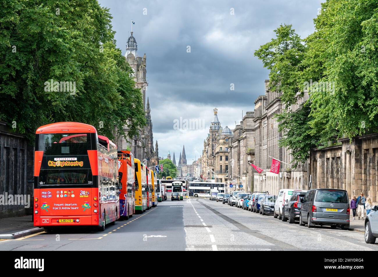 View of Princes Street, Edinburgh city centre on sunny cloudy day, Scotland, UK Stock Photo