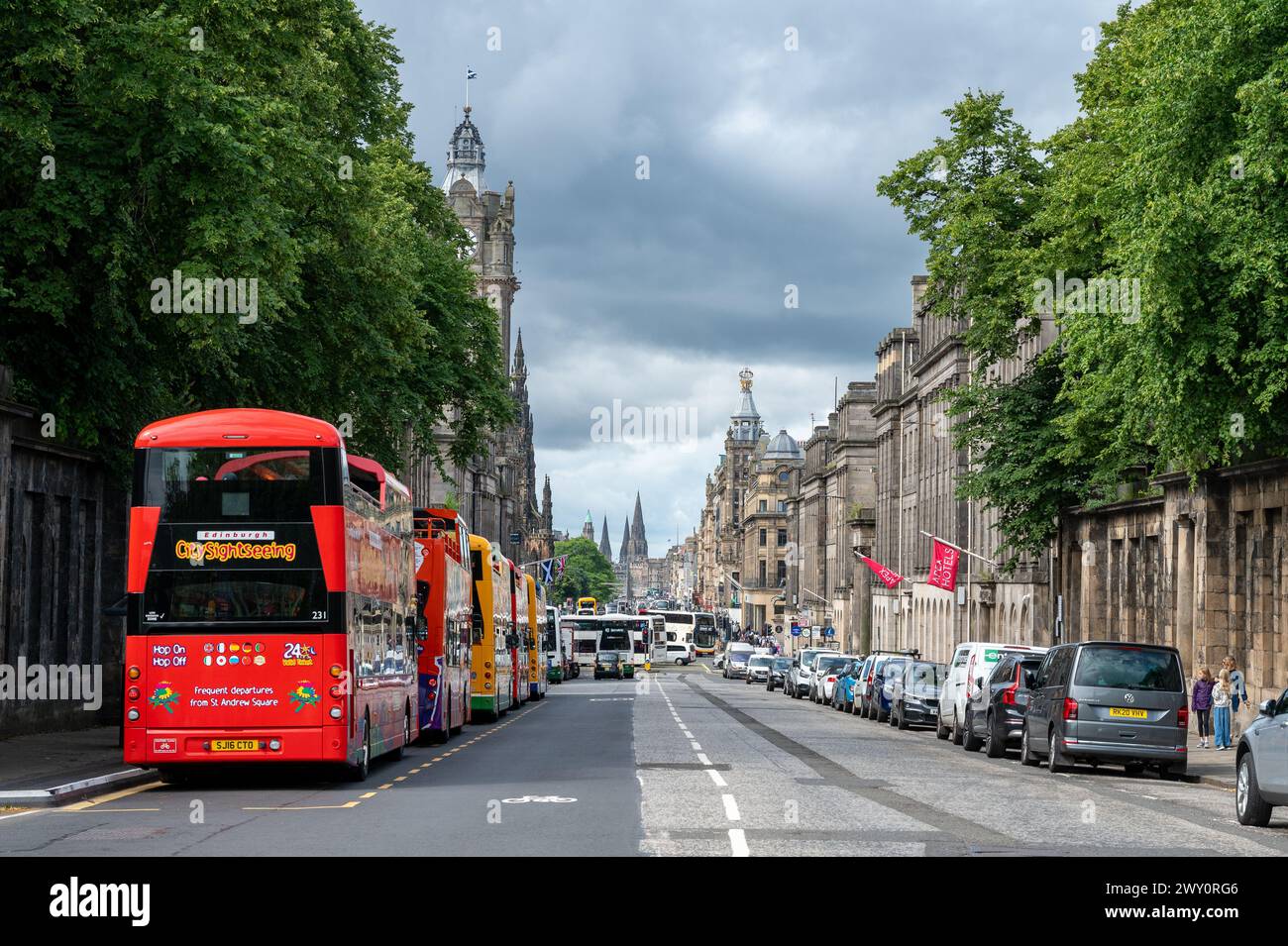 View of Princes Street, Edinburgh city centre on sunny cloudy day, Scotland, UK Stock Photo