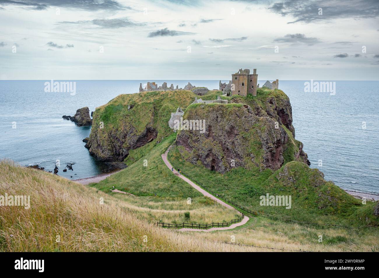 View Dunnottar Castle on the cliff top, North East coast of Scotland near Stonehaven in Aberdeenshire, UK Stock Photo