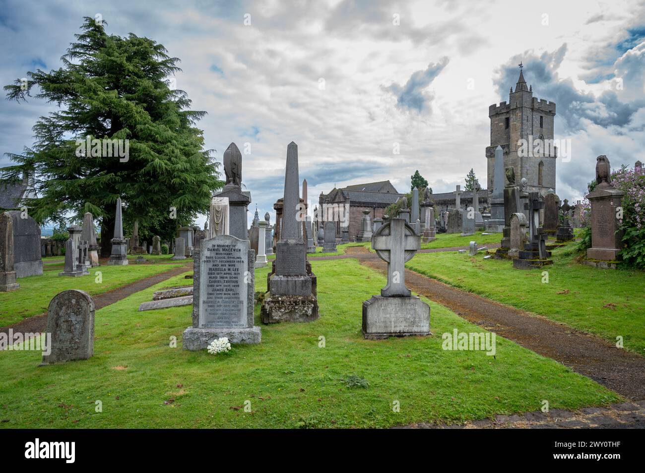 Stirling top of the town, Church Holy Rude, Cemetery with historic gravestones crosses, granite memorials on Castle Hill, Stirling, Scotland, UK Stock Photo