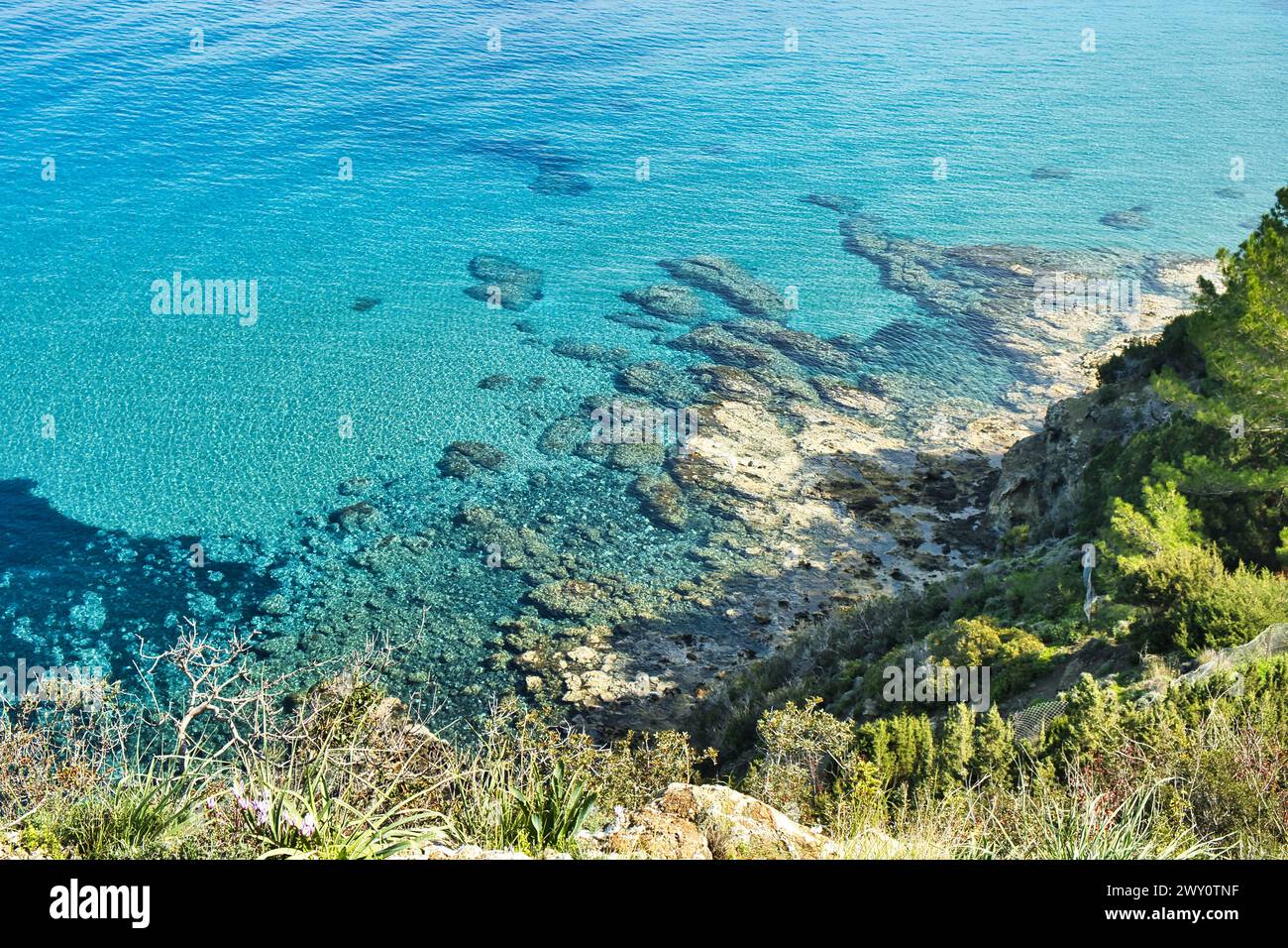 Crystal clear water of the Mediterranean at the coast at the Bath of Aphrodite, Akamas Peninsula, Paphos district, Cyprus Stock Photo