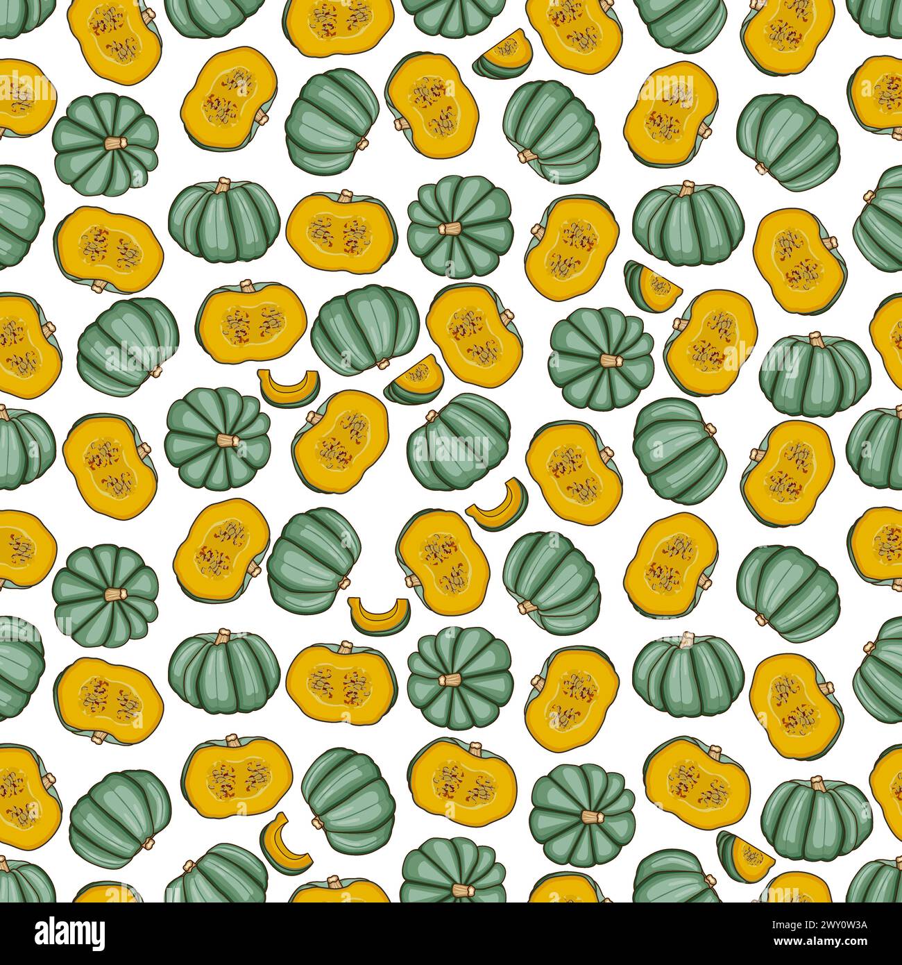 Seamless pattern with Blue pumpkin. Winter squash. Cucurbita maxima. Vegetables. Cartoon style. Isolated vector illustration. Stock Vector