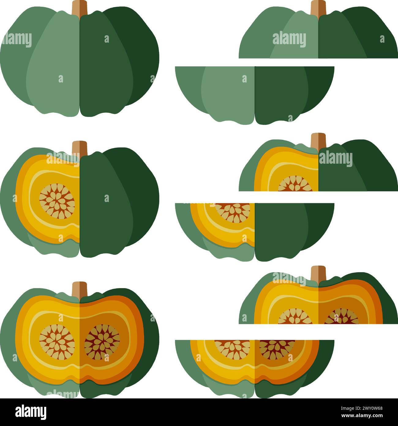 Set of Blue pumpkin. Winter squash. Cucurbita maxima. Fruits and vegetables. Flat style. Isolated vector illustration. Stock Vector
