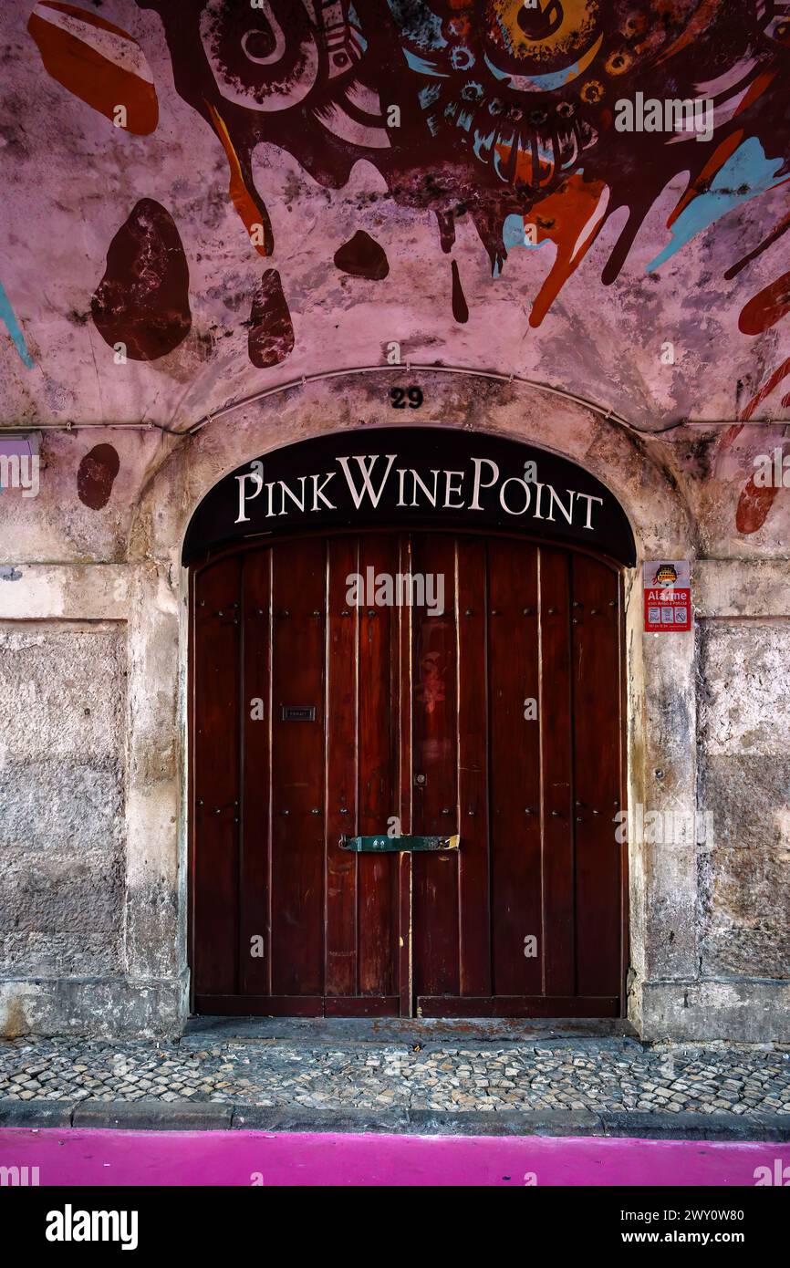 Door to Pink Wine Point bar on Calle Rosa in Lisbon, Portugal. February ...