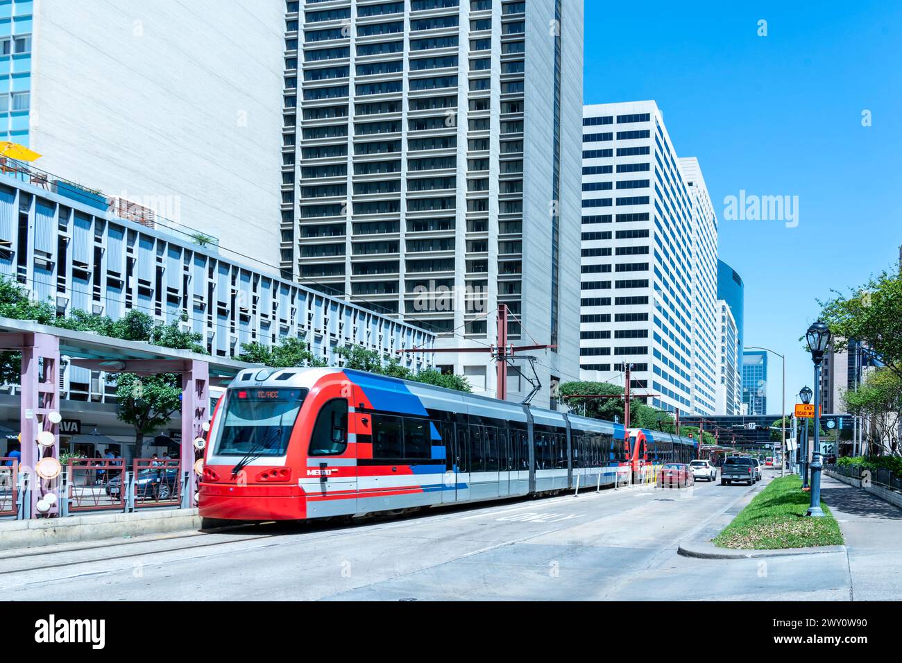 Houston, Texas, USA - April 3, 2024: A Red Line light rail car in Texas medical Center area in Houston, Texas, USA. Stock Photo