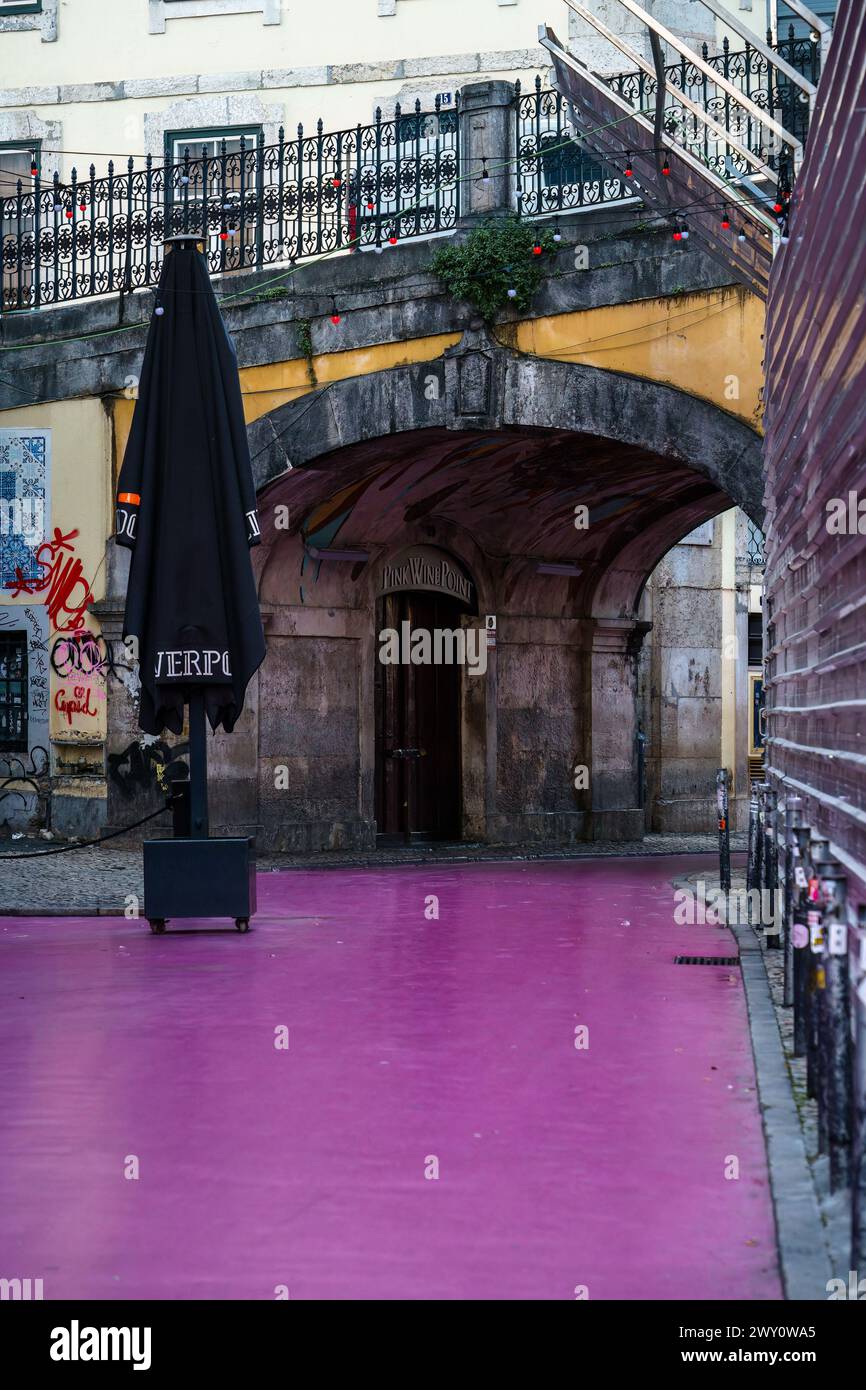 Empty Calle Rosa, the pink street in the morning. Lisbon, Portugal ...