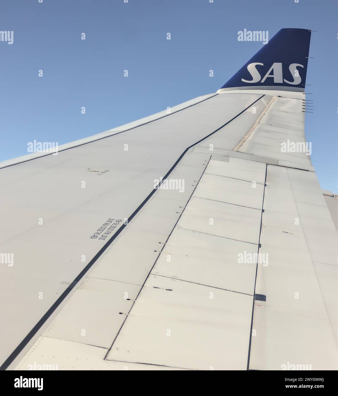 SAS airlines logo on the wing of a Scandinavian Airlines airplane flying through the sky at sunset. Stock Photo
