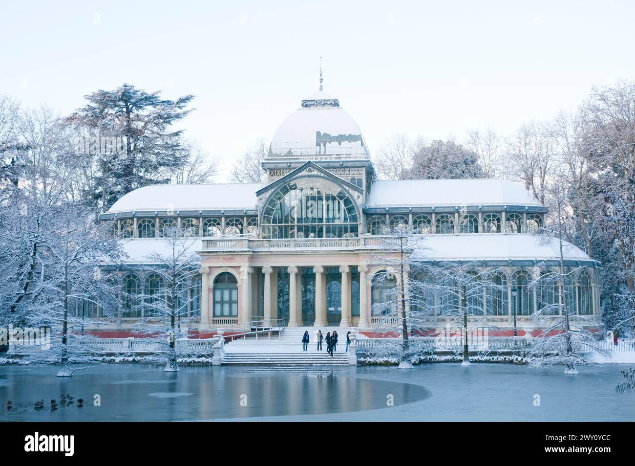 Snow covered Cristal Palace, El Retiro park. Madrid, Spain. Stock Photo