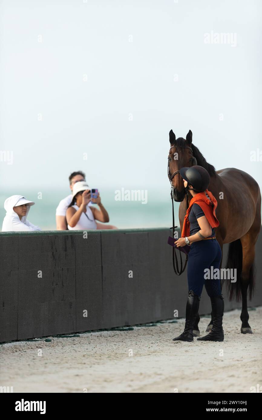 Miami Beach, USA - April 3, 2024. The second leg of the 2024 Longines Global Champions Tour started today in South Beach, Miami, USA. A fan favourite, Stock Photo