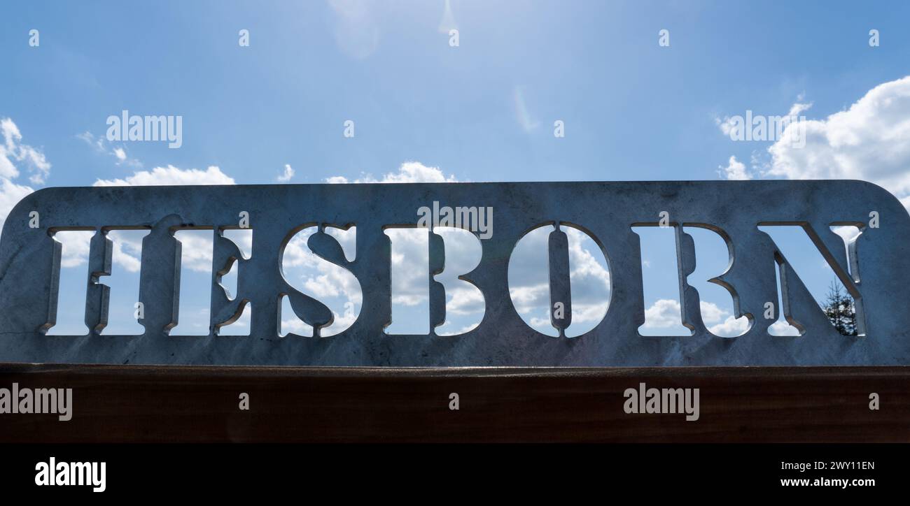 Metal sign with the name of the village called Hesborn Stock Photo