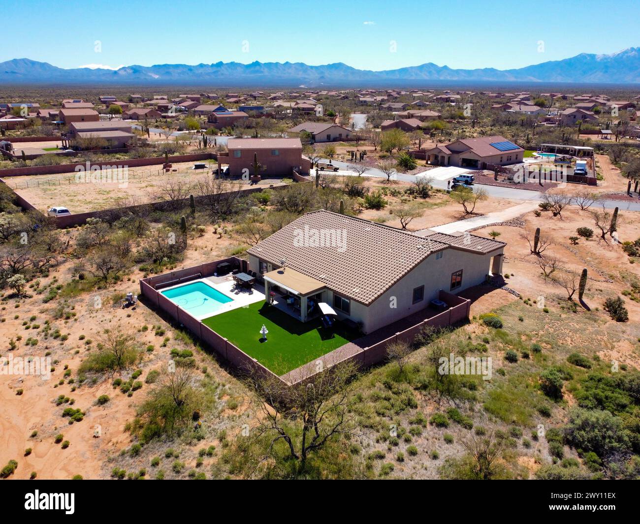 Drone photo of a property in Sahuarita in Southern Arizona, USA Stock