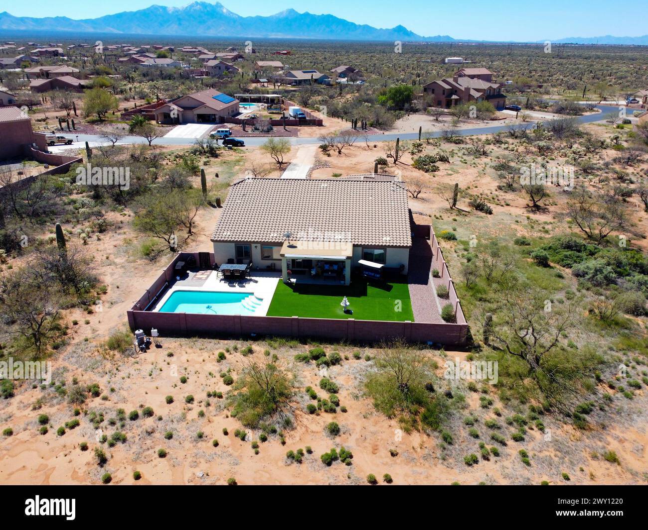 Drone photo of a property in Sahuarita in Southern Arizona, USA Stock