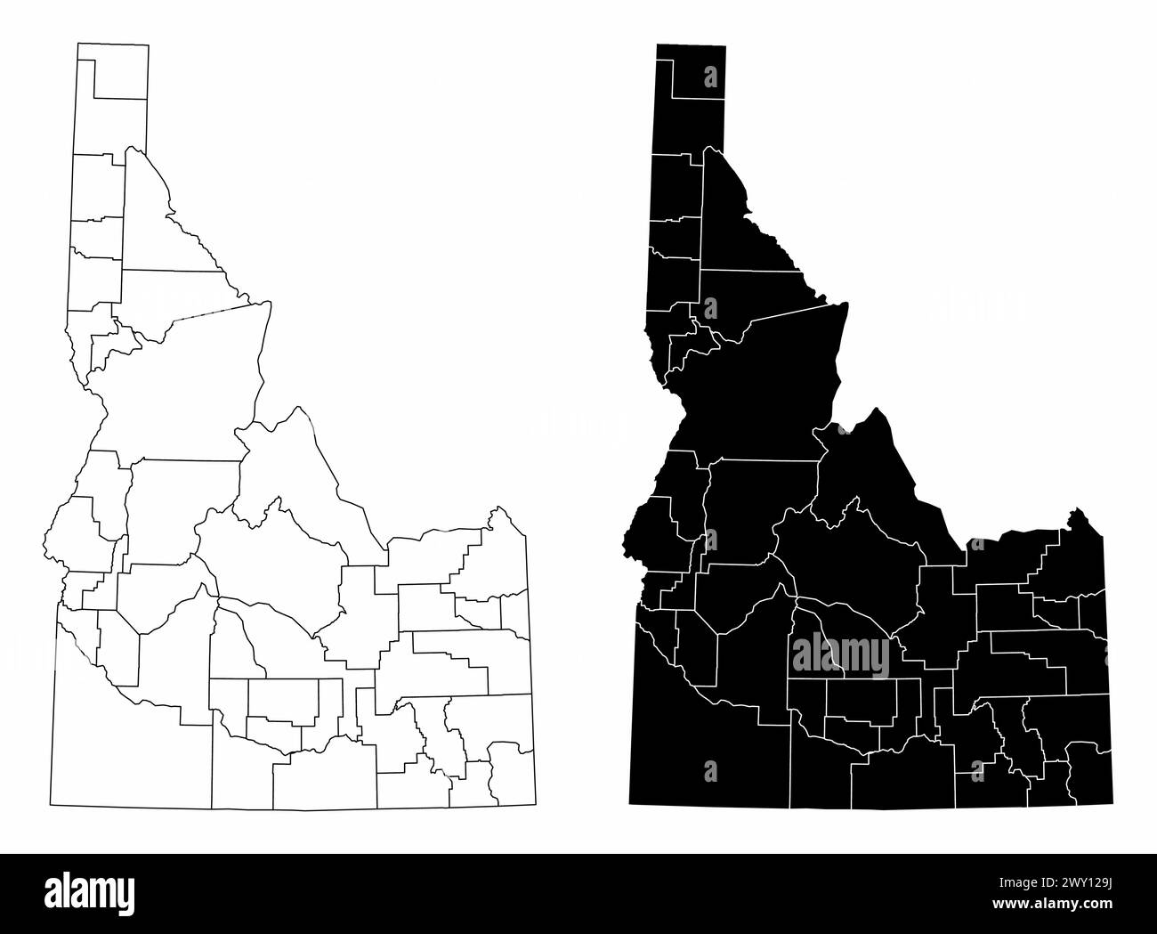 The black and white administrative maps of Idaho State, USA Stock Vector