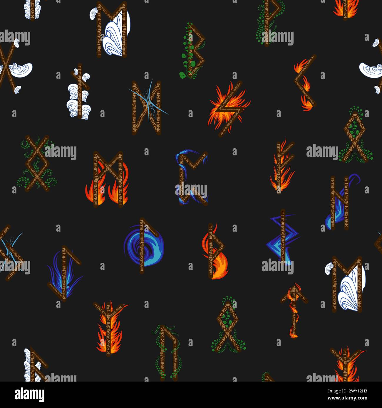 Hand drawn runic letters seamless pattern with elemental symbols. Magic ...