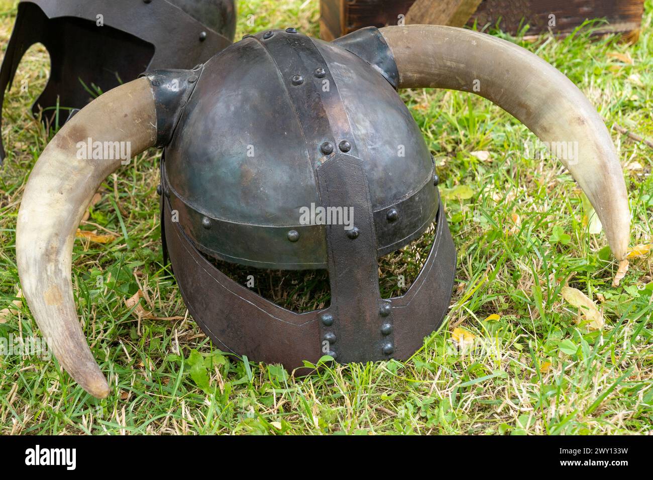 medieval-viking-wrought-iron-helmet-with-horns-placed-on-the-ground-2WY133W.jpg