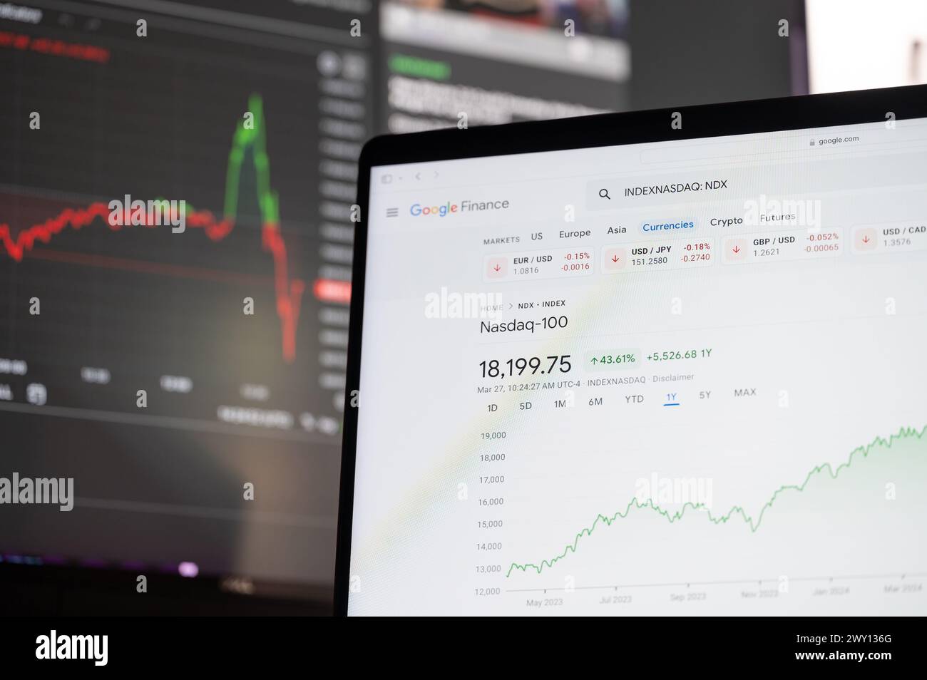 New York, USA - March 27, 2024: Nasdaq 100 stock price on google finance in laptop screen online service Stock Photo