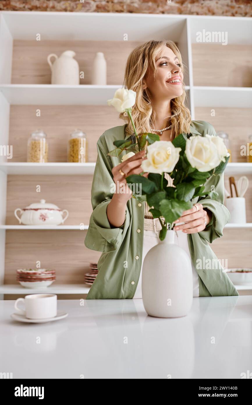 Blonde woman sits table hi-res stock photography and images - Alamy