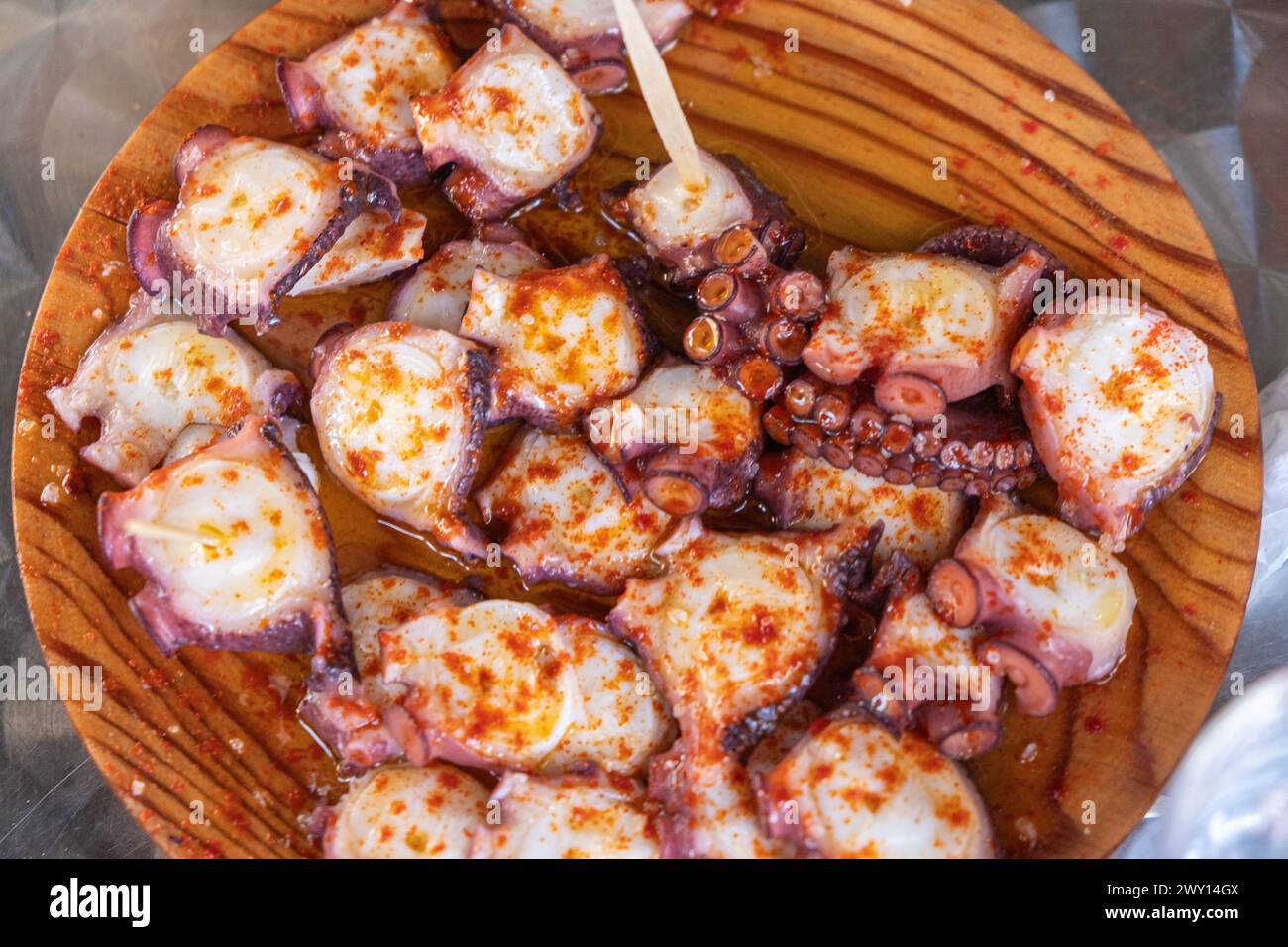 Pulpo a feira, traditional recipe for cooking octopus in Galicia, Spain Stock Photo