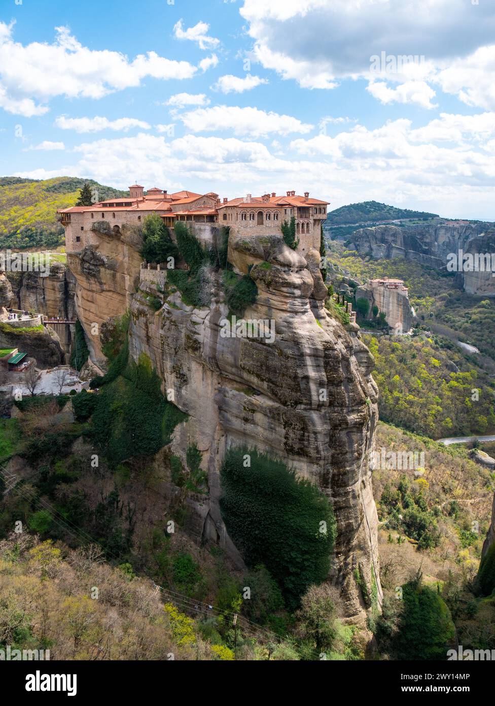 Meteora Monasteries and the surrounding rock formations on a partly ...