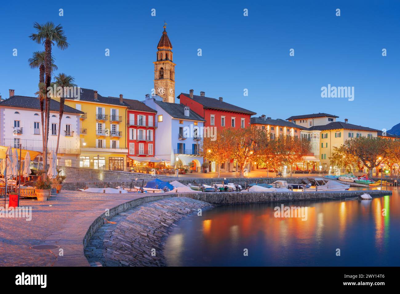 Ascona, Switzerland townscape on the shores of Lake Maggiore at blue hour. Stock Photo
