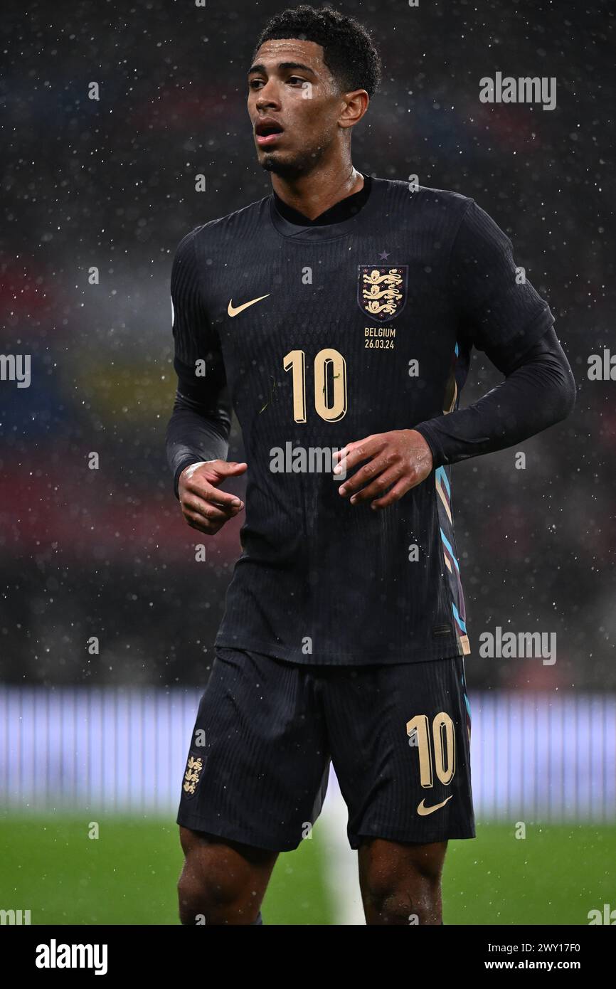 LONDON, ENGLAND - MARCH 26: Jude Bellingham of England looks on during the international friendly match between England and Belgium at Wembley Stadium Stock Photo