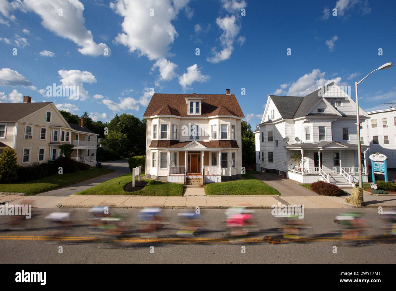Cyclists compete in the  Longsjo Classic Leominster Criterium in Leominster, Massachusetts, USA. Stock Photo