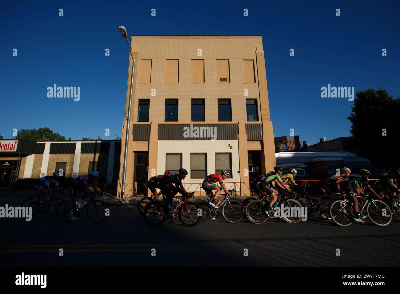Cyclists compete in the  Longsjo Classic Leominster Criterium in Leominster, Massachusetts, USA. Stock Photo