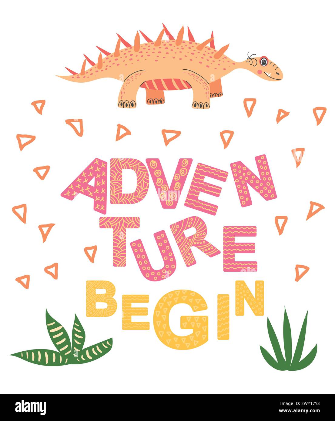 Adventure begin. Scandinavian hand drawn illustration with dinosaur ...