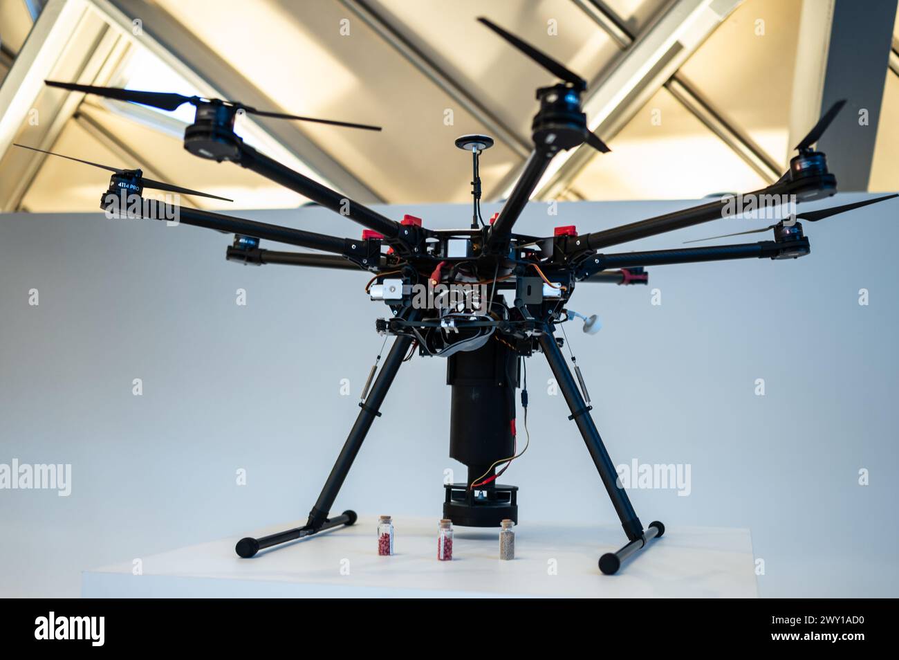 Sustainable and innovative reforestation drone.    Mobility City Technology Museum in Zaha Hadid’s Bridge (Bridge Pavilion), Zaragoza, Spain Stock Photo