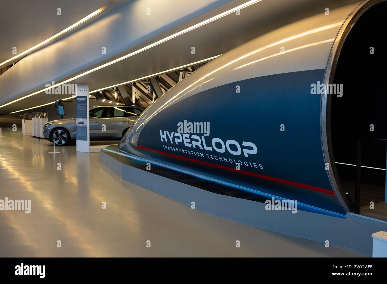 Hyperloop Transportation Technologies recreation in Mobility City Technology Museum in Zaha Hadid’s Bridge (Bridge Pavilion), Zaragoza, Spain Stock Photo
