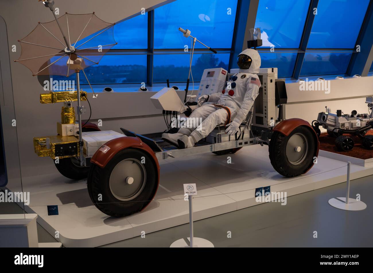 Lunar Roving Vehicle.    Mobility City Technology Museum in Zaha Hadid’s Bridge (Bridge Pavilion), Zaragoza, Spain Stock Photo