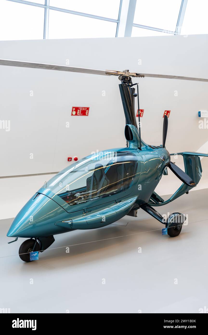 ELA Eclipse EVO gyrocopter produced by ELA Aviation.    Mobility City Technology Museum in Zaha Hadid’s Bridge (Bridge Pavilion), Zaragoza, Spain Stock Photo