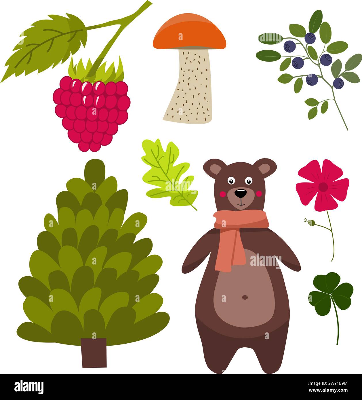 Set of vector hand drawn illustration of bear, tree, mushroom