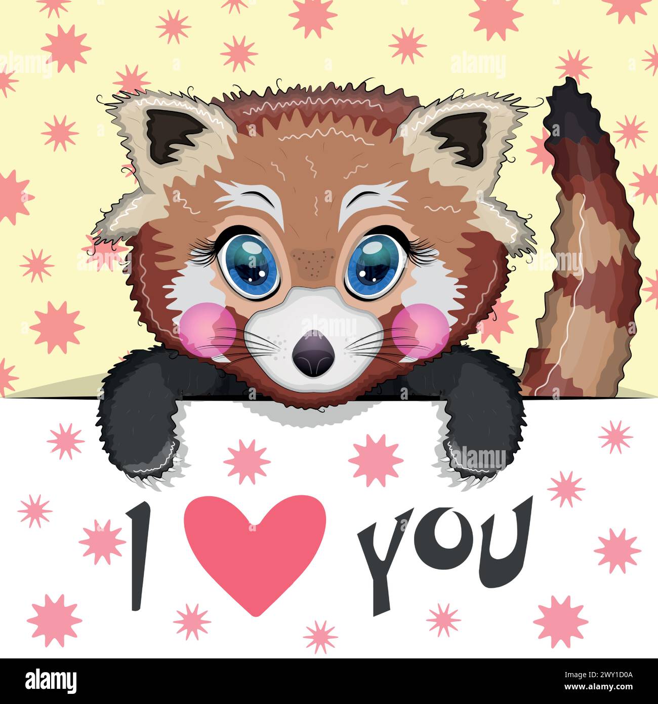 Love you valentine's day greeting card with animal. Cute hero with beautiful eyes, expressive. Stock Vector