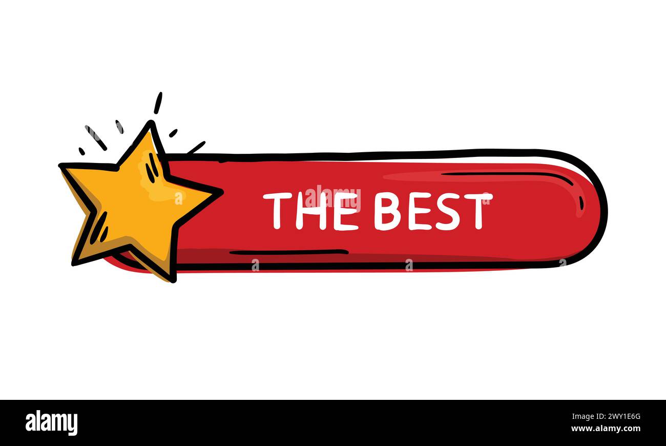 Red button with star and text best. Hand drawn design element for website, application, banner. Editable vector Stock Vector