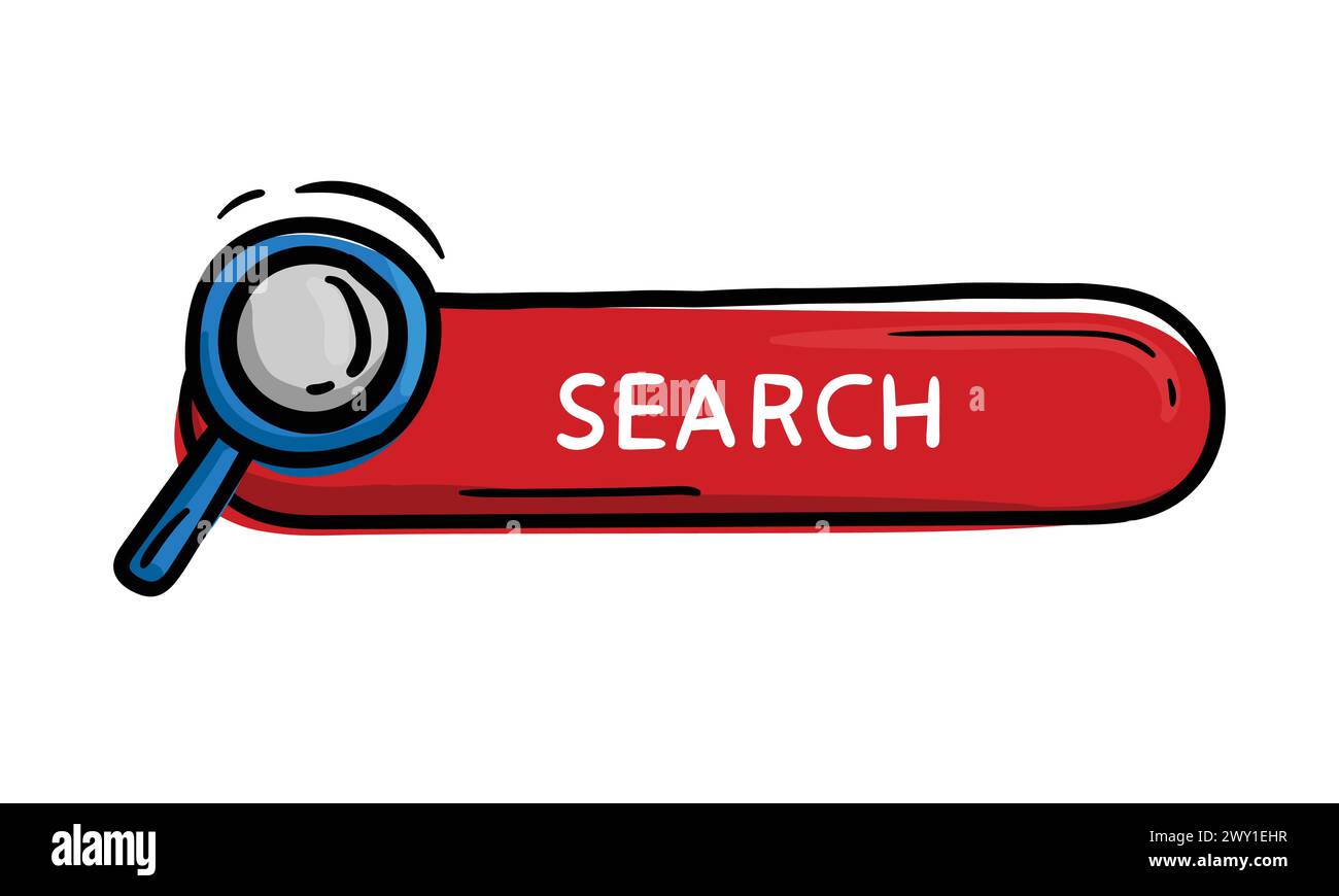 Red button with a magnifying glass and text search. Hand drawn design ...