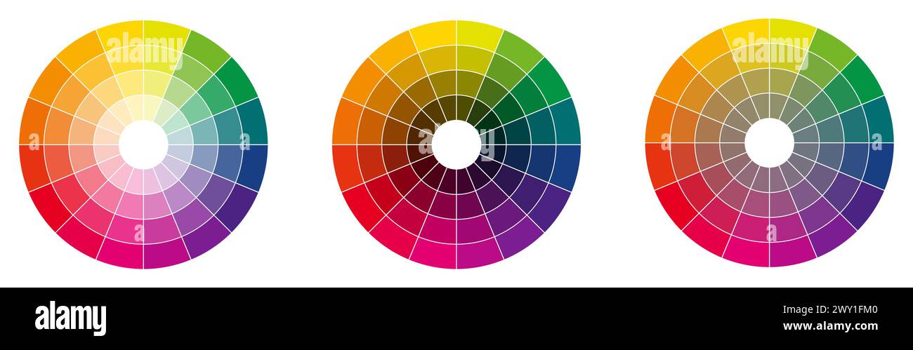 Colour palette wheel - RYB model, circle divided into sixteen shades, version with different light, dark and saturation Stock Vector