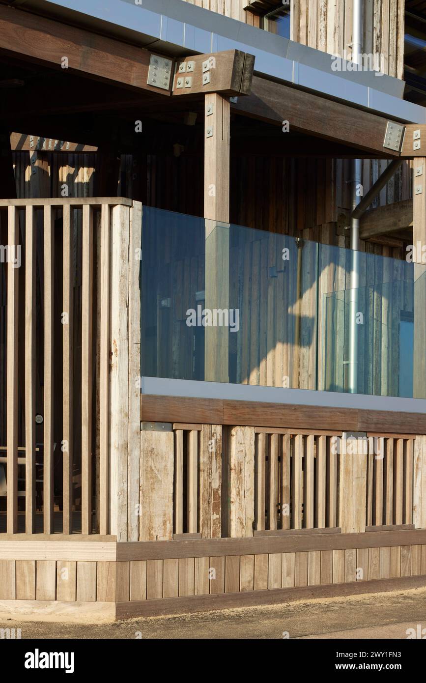 Detail view of wood exterior. Durley Chine Environmental Hub, Bournemouth, United Kingdom. Architect: Footprint Architects , 2023. Stock Photo