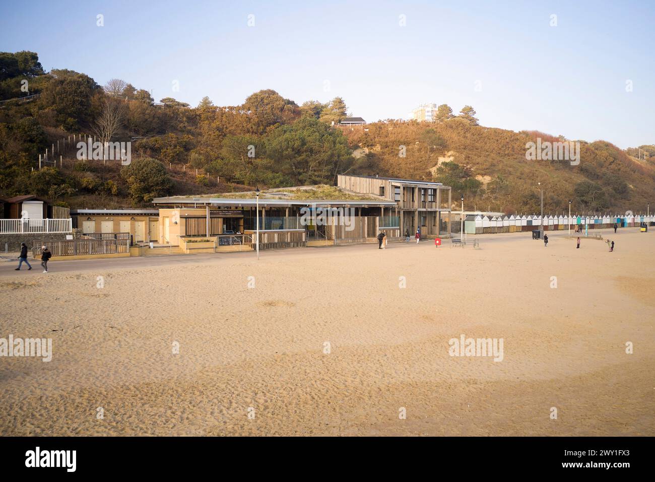 Arial view from beach. Durley Chine Environmental Hub, Bournemouth, United Kingdom. Architect: Footprint Architects , 2023. Stock Photo
