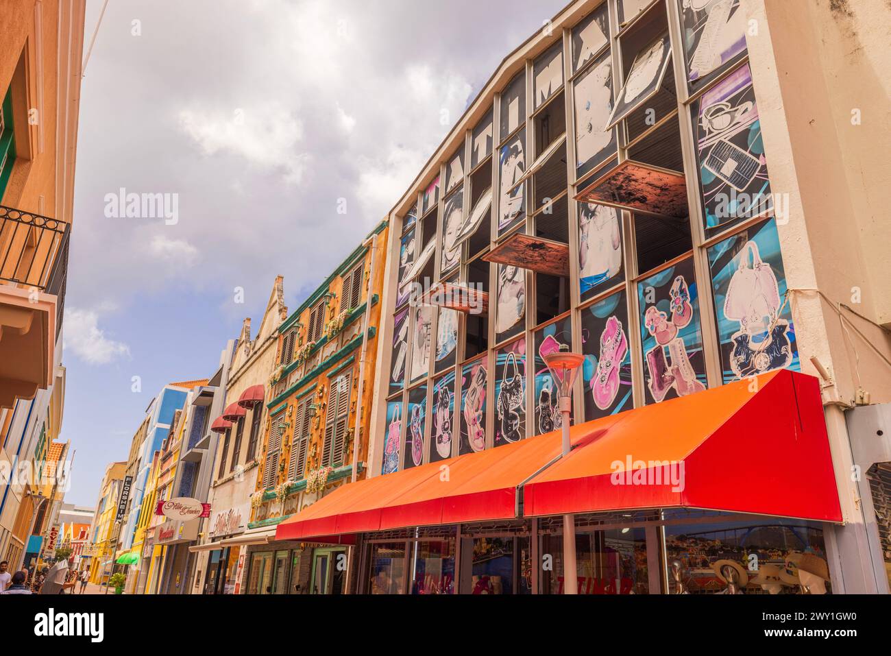 Beautiful street view in the center of Willemstad with the colorful facade of the Tatiomore Fashion Center. Willemstad. Curacao Stock Photo