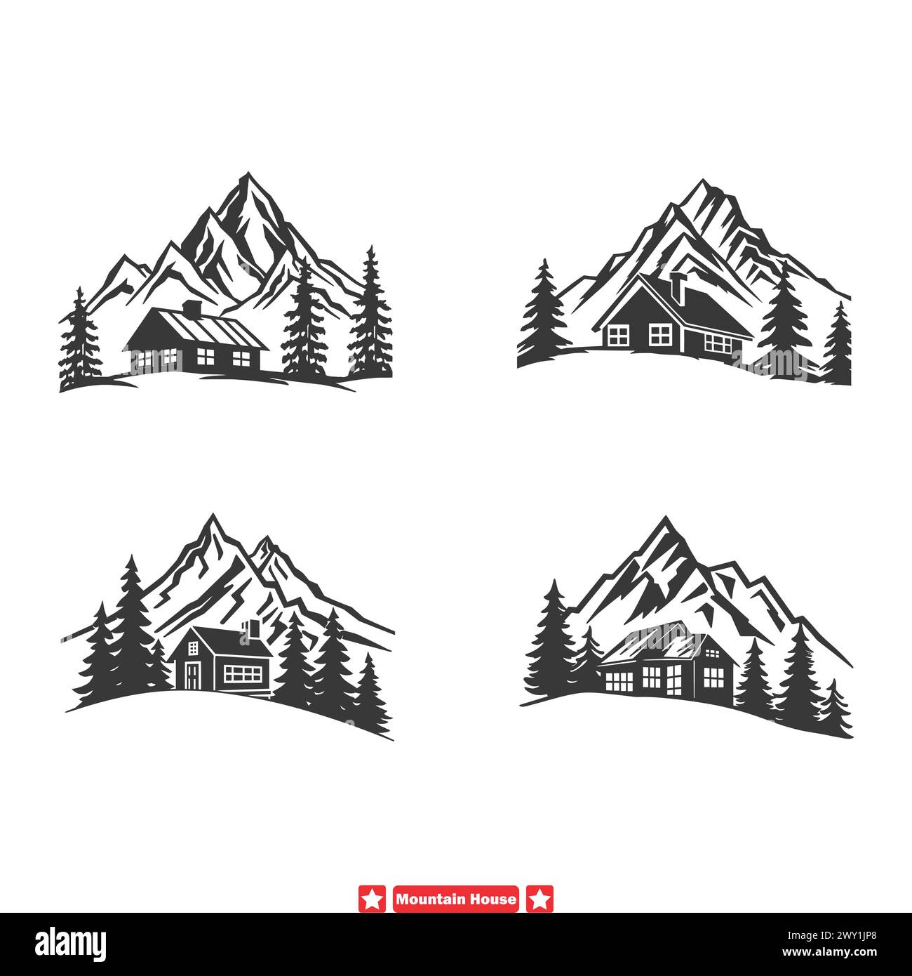 Mountain Cottage Serenade  Quaint House Silhouettes Set Against Majestic Alpine Backdrops   Vector Art Stock Vector