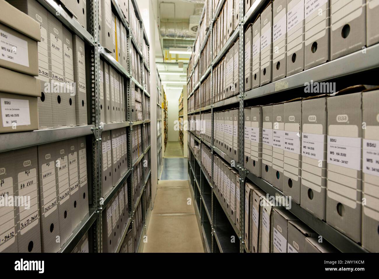 Stasi Archives: Files and Folders in Huge Storage Space The Federal Organisation: BStU is responsible for storing, restoring and accesing the Archives of the former MfS / East-German Stasi Intelligence Service. In huge rooms approximately 111 Kilometers of files, folders and documents are being stored and researched. Berlin, Germany. Berlin Stasi Archives / Stasi Museum Berlin Germany Copyright: xGuidoxKoppesx Stock Photo