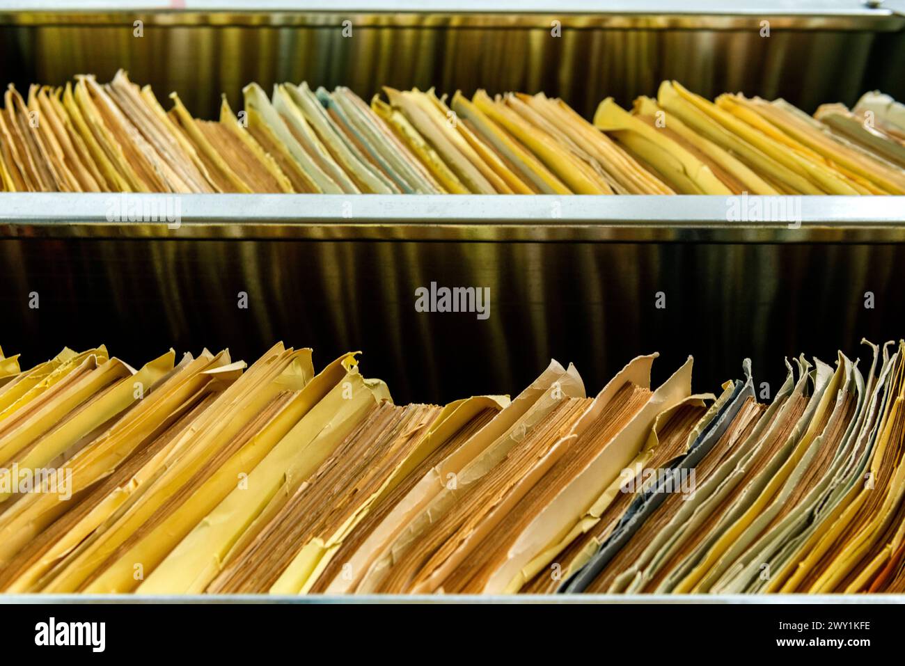 Stasi Archives: Files and Folders in Huge Storage Space The Federal Organisation: BStU is responsible for storing, restoring and accesing the Archives of the former MfS / East-German Stasi Intelligence Service. In huge rooms approximately 111 Kilometers of files, folders and documents are being stored and researched. Berlin, Germany. Berlin Stasi Archives / Stasi Museum Berlin Germany Copyright: xGuidoxKoppesx Stock Photo