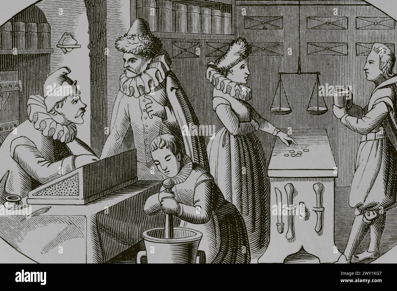 French druggist and grocer, 16th century. Engraving after an ...