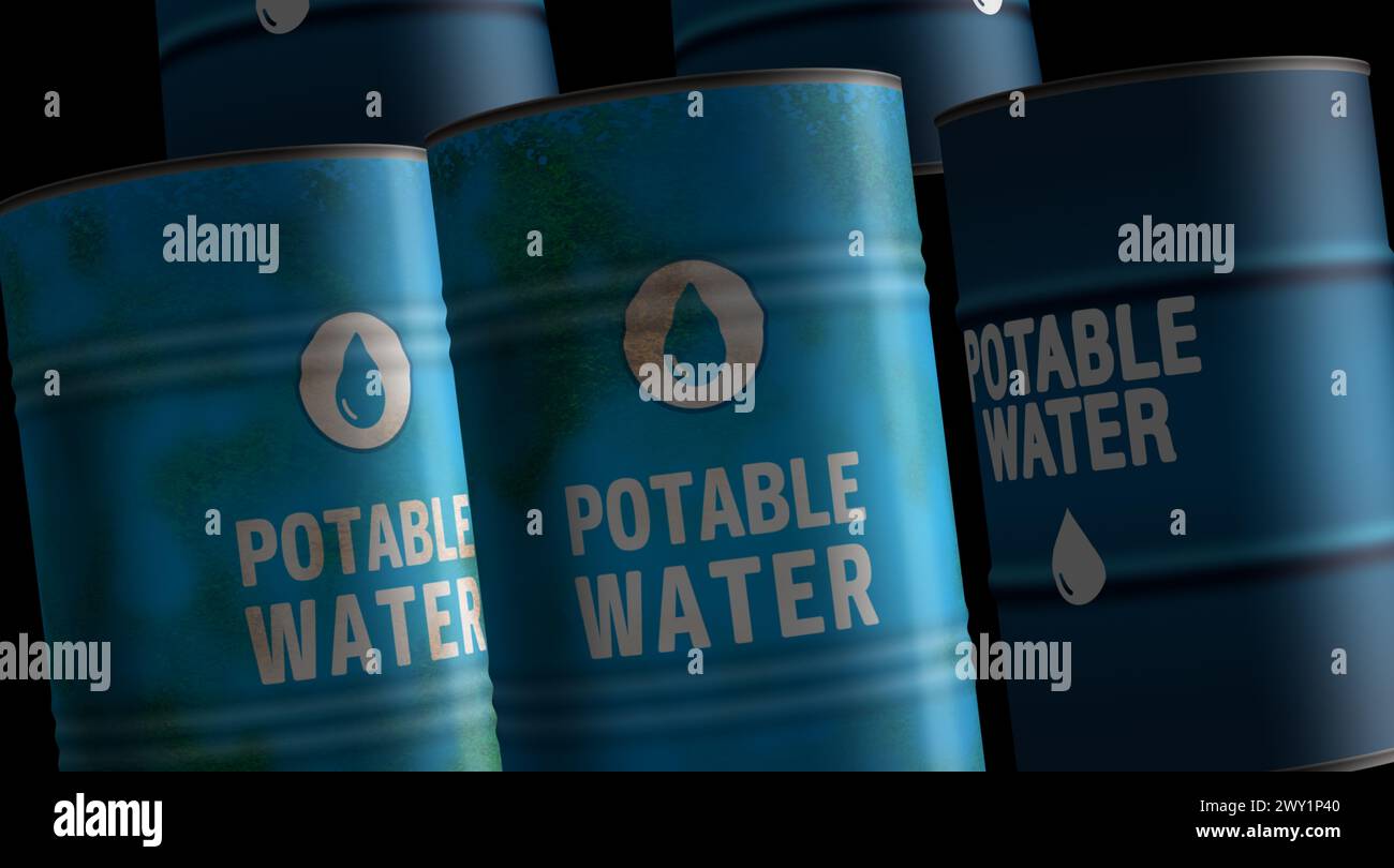 Potable water drinking h2o barrels in row concept. Fresh clean aqua for drink industrial containers 3d illustration. Stock Photo