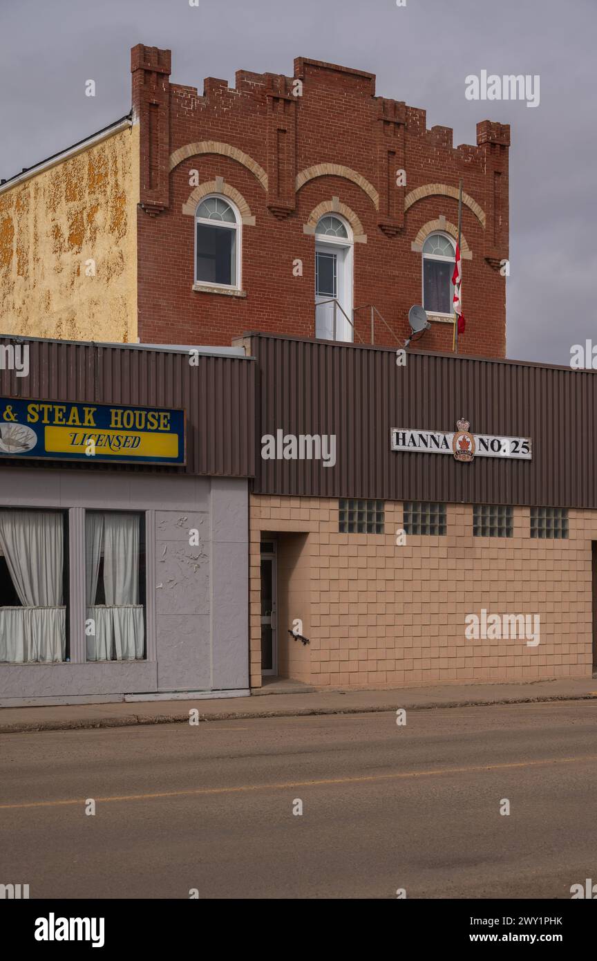 Hanna, Alberta - March 29, 2024: Storefronts on the mainstreet of Hanna ...