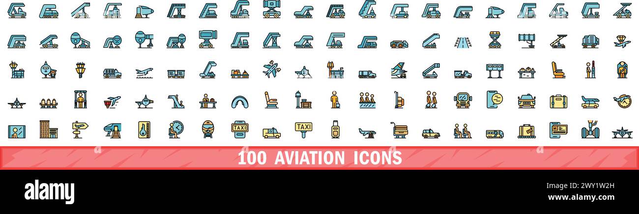 100 aviation icons set. Color line set of aviation vector icons thin ...