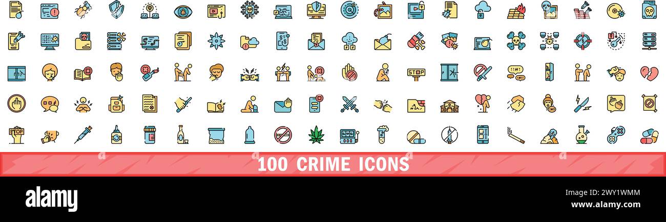 100 crime icons set. Color line set of crime vector icons thin line ...