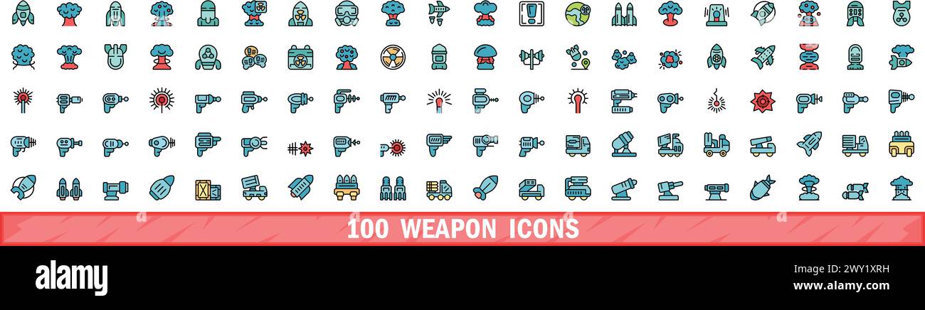 100 weapon icons set. Color line set of weapon vector icons thin line color flat on white Stock Vector
